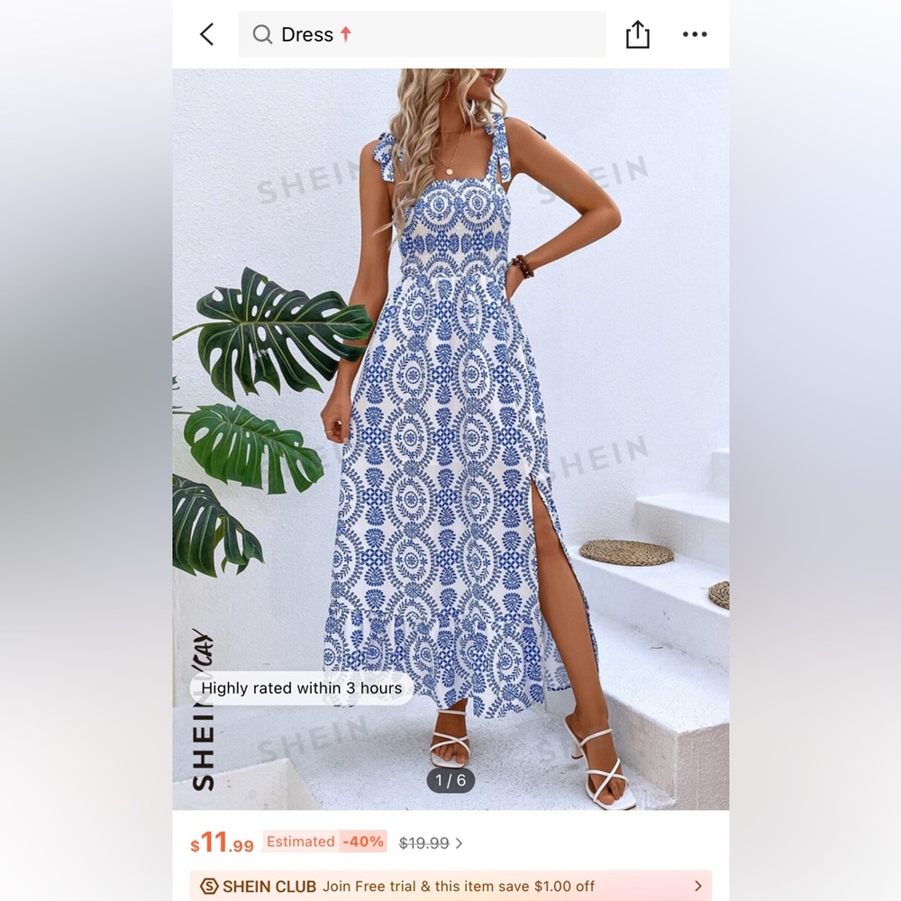 Shein vacation line blue and white dress
